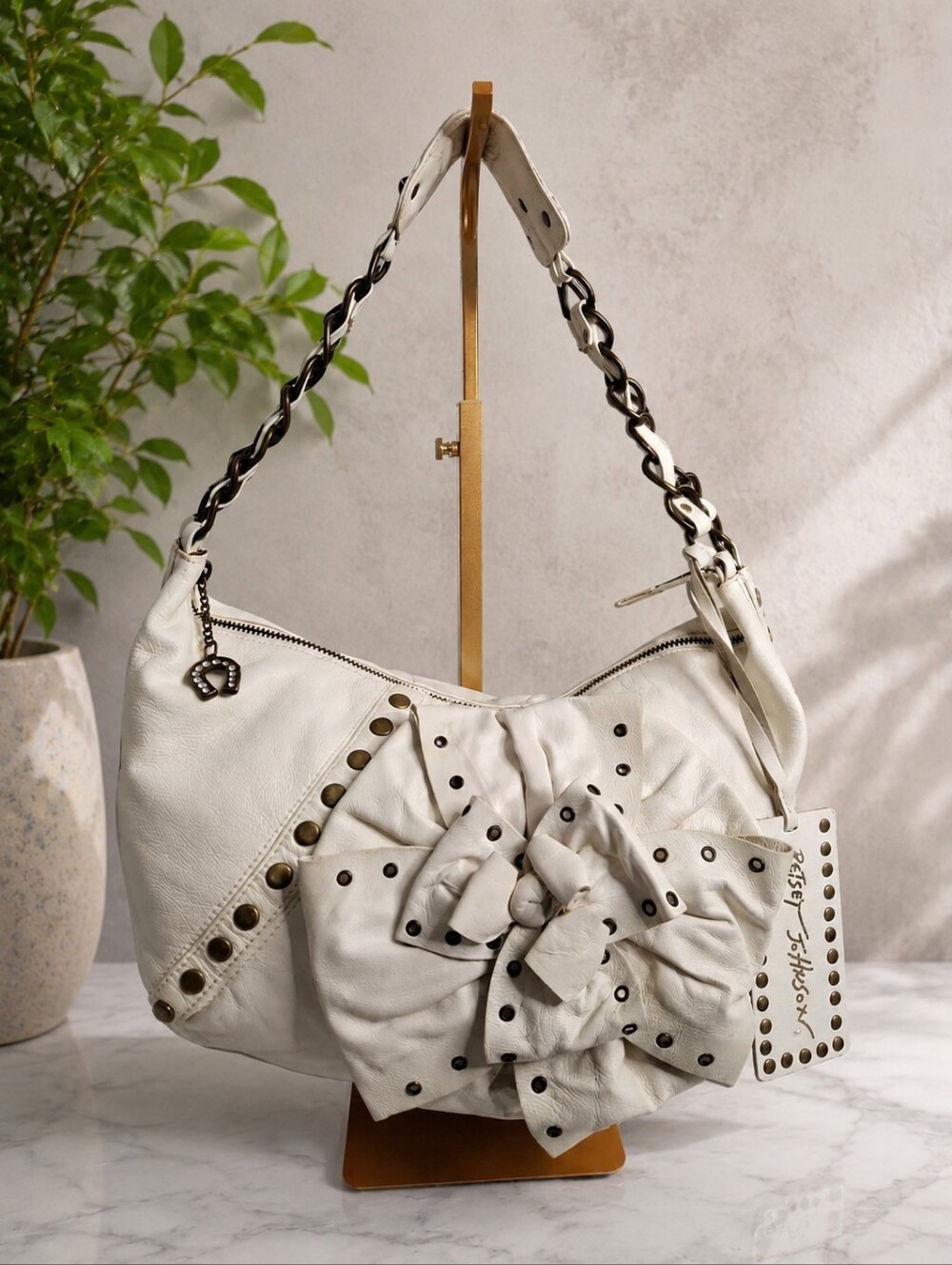 Betsey Johnson Horseshoe Collection White Leather Studded Bow Hobo Bag